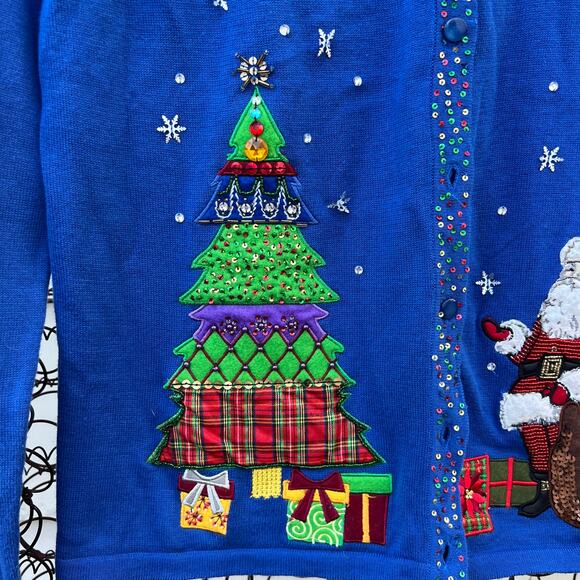 Vintage Blue Light Weight Christmas Cardigan Sweater Santa Presents Tree SMALL - Picture 4 of 9